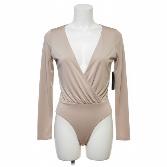 Lulus Striking Looks Taupe Long Sleeve Bodysuit V-Neck Jersey Knit Pullover Top - Picture 6 of 12